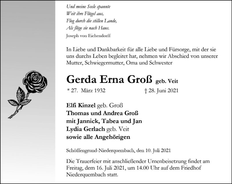  Traueranzeige für Gerda Erna Groß vom 10.07.2021 aus 201 Wetzlarer Neue Zeitung
