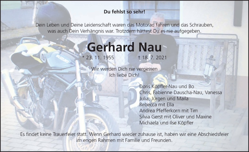  Traueranzeige für Gerhard Nau vom 31.07.2021 aus 201 Wetzlarer Neue Zeitung