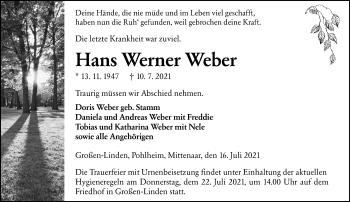 Traueranzeige von Hans Werner Weber von 201 Wetzlarer Neue Zeitung