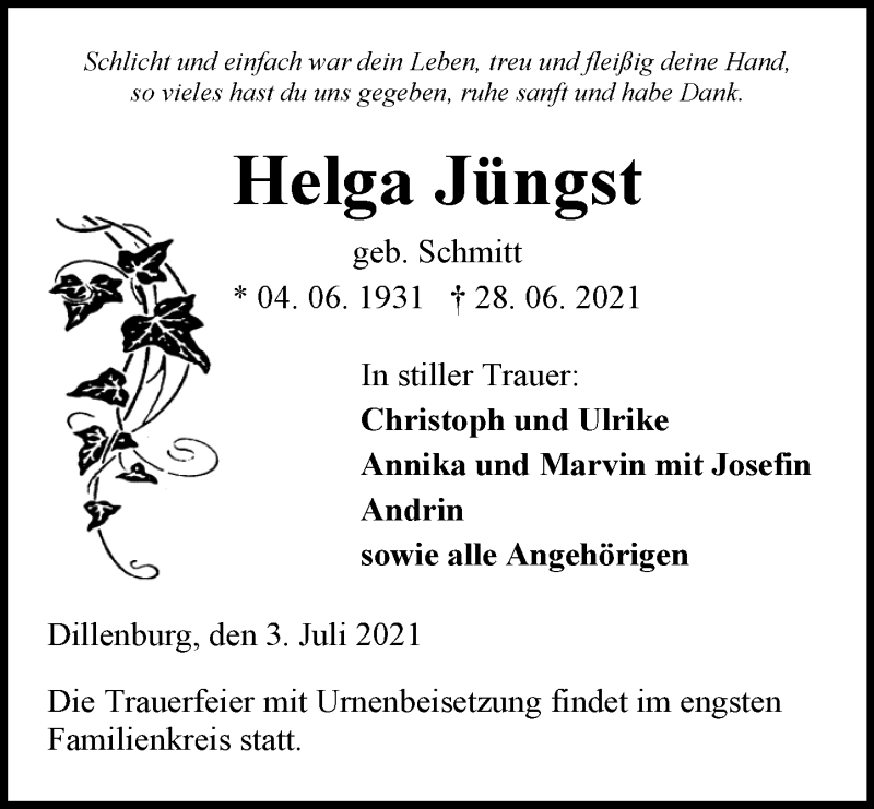  Traueranzeige für Helga Jüngst vom 03.07.2021 aus 202 Dill Block