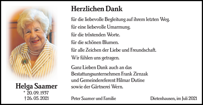  Traueranzeige für Helga Saamer vom 17.07.2021 aus 206 Weilburger Tageblatt