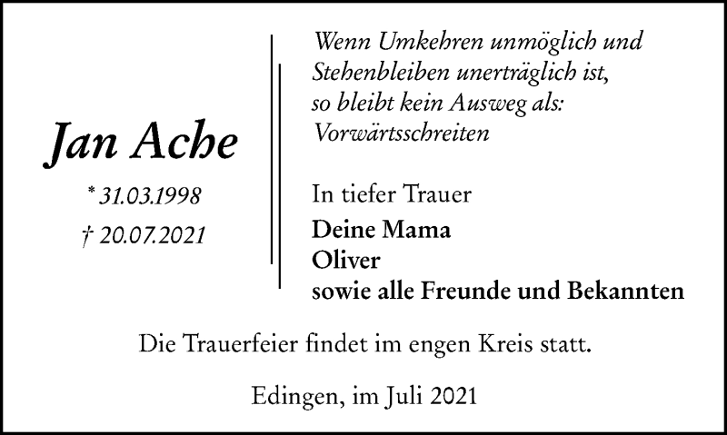  Traueranzeige für Jan Ache vom 28.07.2021 aus 201 Wetzlarer Neue Zeitung