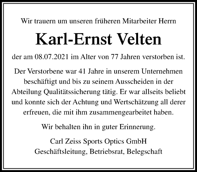  Traueranzeige für Karl-Ernst Velten vom 26.07.2021 aus 201 Wetzlarer Neue Zeitung