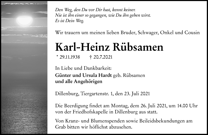  Traueranzeige für Karl-Heinz Rübsamen vom 23.07.2021 aus 202 Dill Block