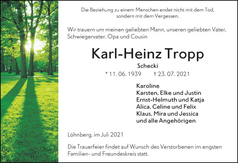  Traueranzeige für Karl-Heinz Tropp vom 29.07.2021 aus 206 Weilburger Tageblatt