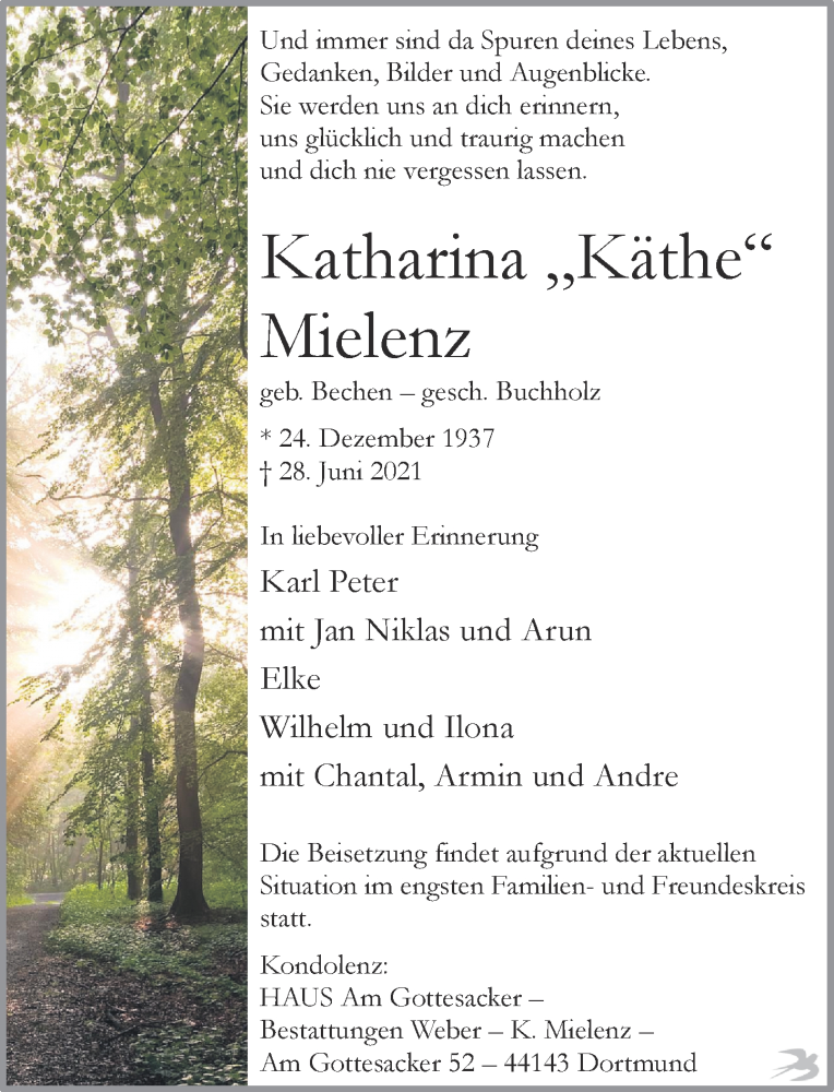  Traueranzeige für Katharina Mielenz vom 03.07.2021 aus 206 Weilburger Tageblatt