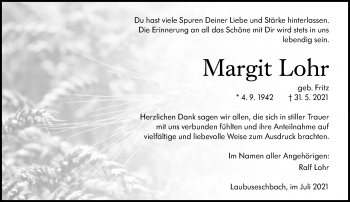 Traueranzeige von Margit Lohr von 206 Weilburger Tageblatt