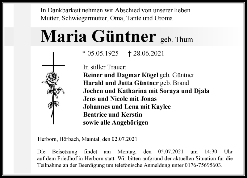  Traueranzeige für Maria Güntner vom 02.07.2021 aus 202 Dill Block