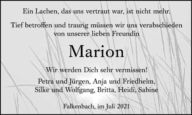  Traueranzeige für Marion Schäfer vom 20.07.2021 aus 206 Weilburger Tageblatt