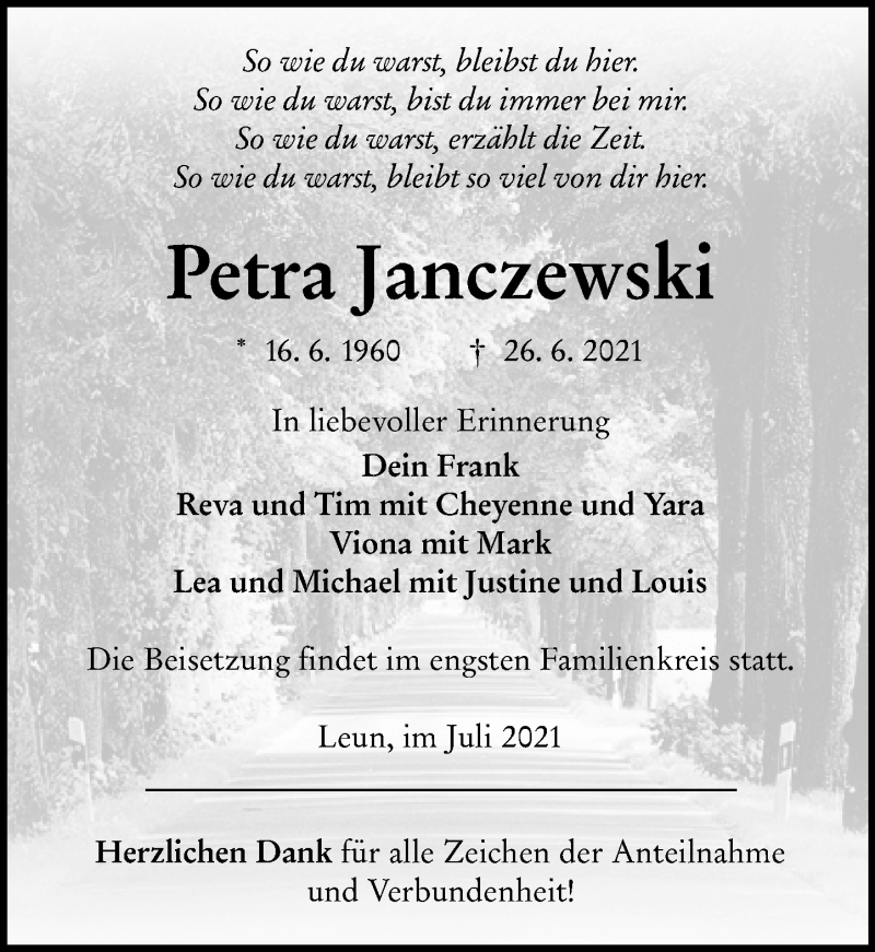  Traueranzeige für Petra Janczewski vom 05.07.2021 aus 201 Wetzlarer Neue Zeitung