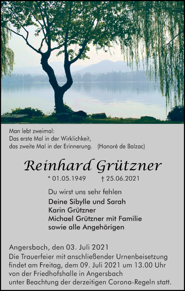  Traueranzeige für Reinhard Grützner vom 03.07.2021 aus VRM Trauer