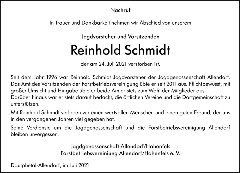  Traueranzeige für Reinhold Schmidt vom 28.07.2021 aus 205 Hinterländer Anzeiger