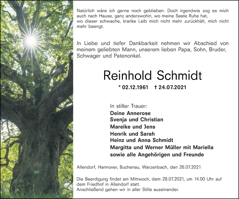  Traueranzeige für Reinhold Schmidt vom 27.07.2021 aus 205 Hinterländer Anzeiger
