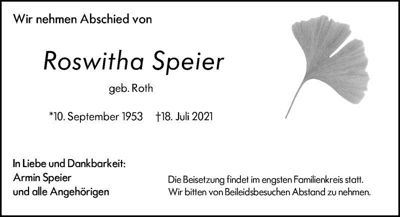  Traueranzeige für Roswitha Speier vom 22.07.2021 aus 201 Wetzlarer Neue Zeitung