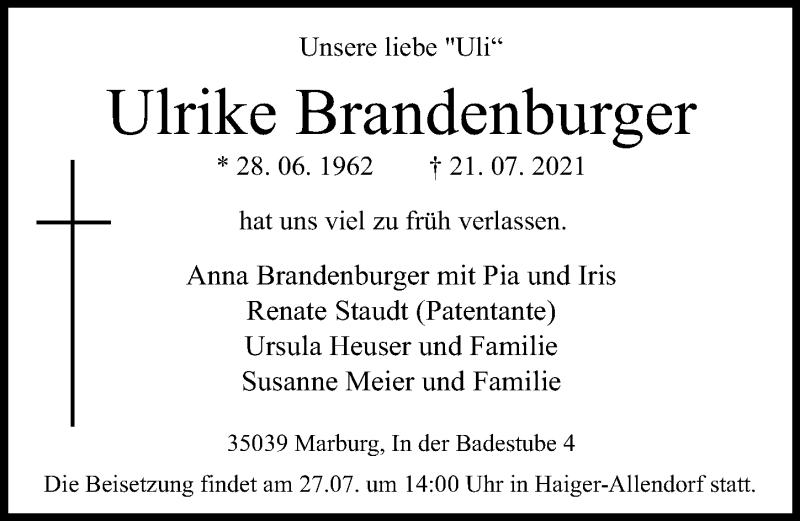  Traueranzeige für Ulrike Brandenburger vom 27.07.2021 aus 202 Dill Block