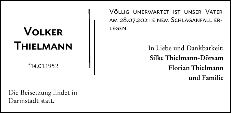  Traueranzeige für Volker Thielmann vom 30.07.2021 aus 201 Wetzlarer Neue Zeitung