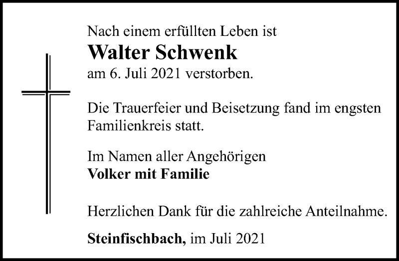  Traueranzeige für Walter Schwenk vom 15.07.2021 aus 582 Camberger Anzeiger