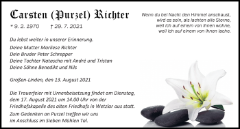 Traueranzeige von Carsten Richter von 201 Wetzlarer Neue Zeitung