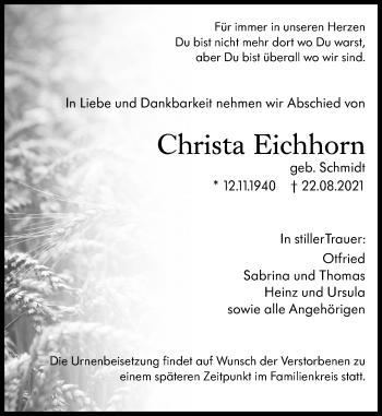 Traueranzeige von Christa Eichhorn von 206 Weilburger Tageblatt
