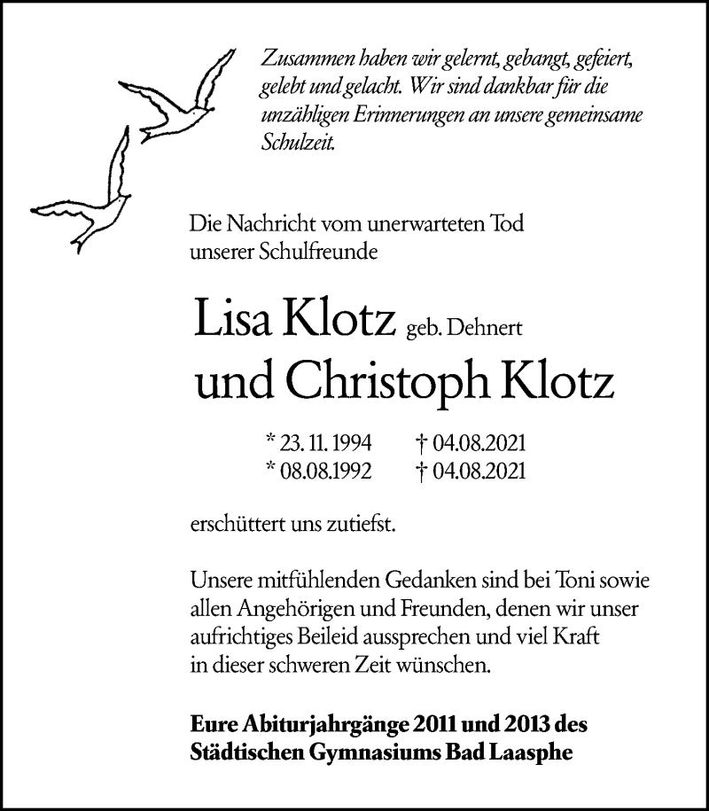  Traueranzeige für Christoph Klotz vom 10.08.2021 aus 205 Hinterländer Anzeiger