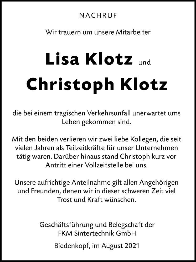  Traueranzeige für Christoph Klotz vom 13.08.2021 aus 205 Hinterländer Anzeiger