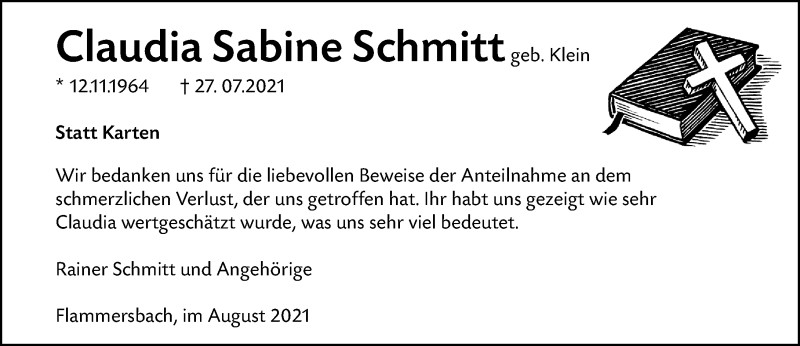  Traueranzeige für Claudia Sabine Schmitt vom 28.08.2021 aus 202 Dill Block