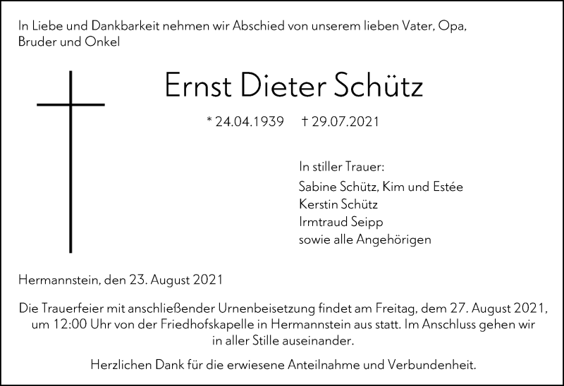  Traueranzeige für Ernst Dieter Schütz vom 23.08.2021 aus 201 Wetzlarer Neue Zeitung