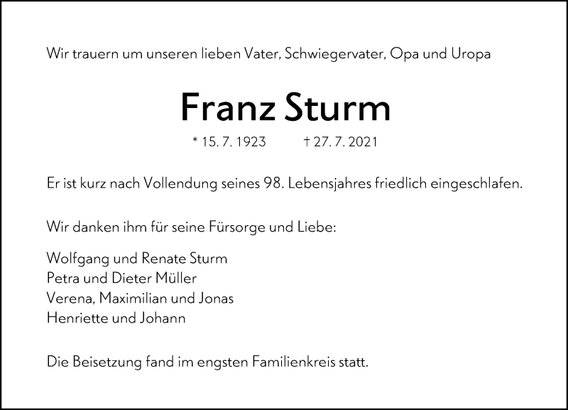 Traueranzeige für Franz Sturm vom 06.08.2021 aus 201 Wetzlarer Neue Zeitung