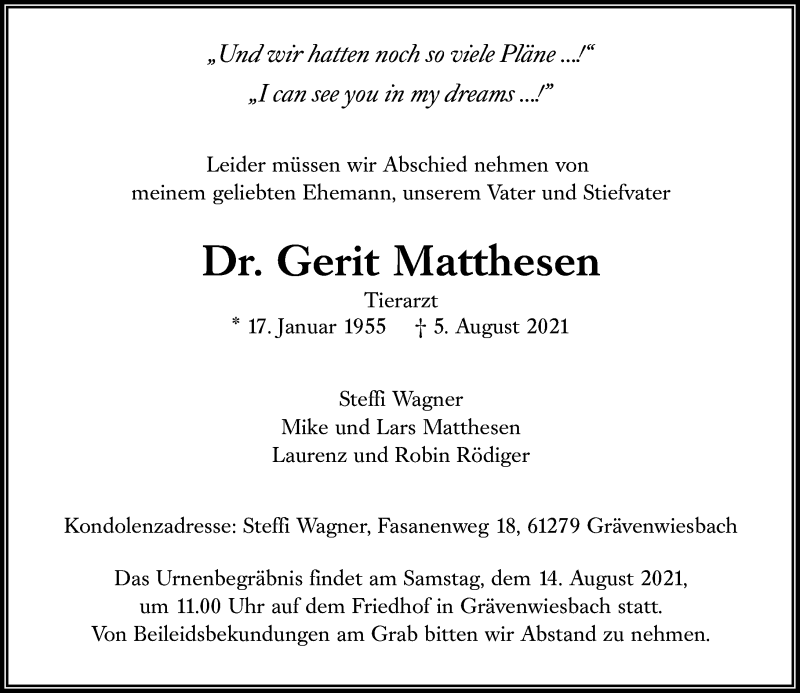  Traueranzeige für Gerit Matthesen vom 11.08.2021 aus 564 Usinger Anzeiger