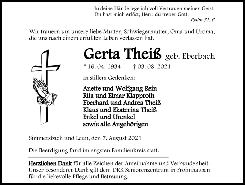  Traueranzeige für Gerta Theiß vom 07.08.2021 aus 202 Dill Block