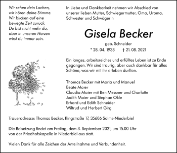 Traueranzeige von Gisela Becker von 201 Wetzlarer Neue Zeitung
