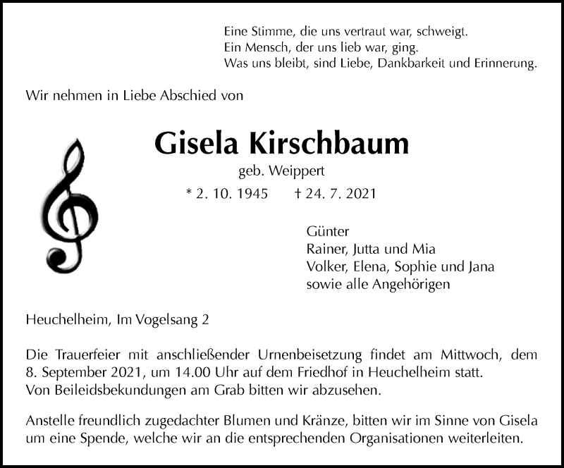  Traueranzeige für Gisela Kirschbaum vom 28.08.2021 aus 201 Wetzlarer Neue Zeitung