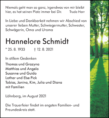 Traueranzeige von Hannelore Schmidt von 206 Weilburger Tageblatt