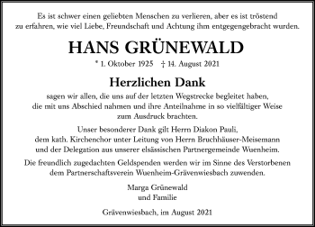 Traueranzeige von Hans Grünewald von 206 Weilburger Tageblatt