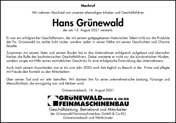 Traueranzeige von Hans Grünewald von 206 Weilburger Tageblatt