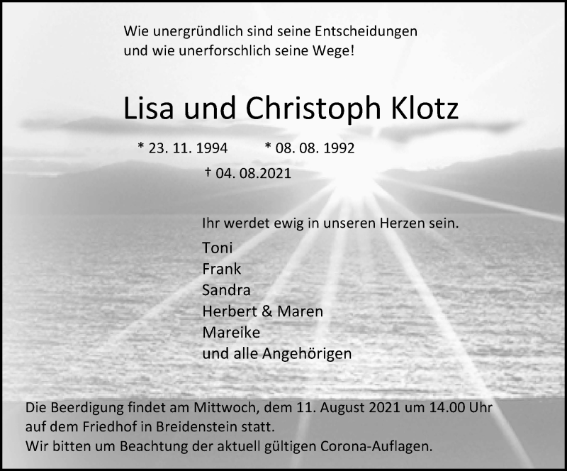 Traueranzeige für Lisa Klotz vom 09.08.2021 aus 205 Hinterländer Anzeiger
