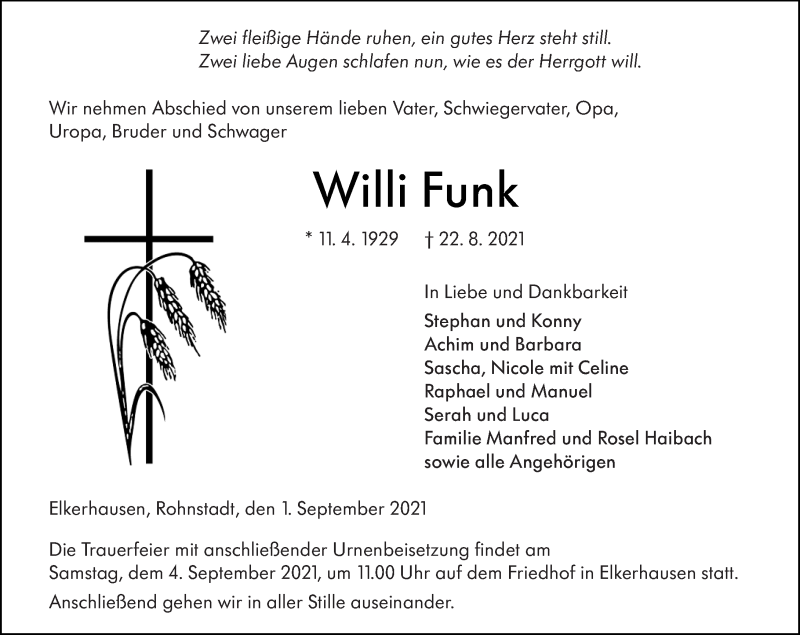  Traueranzeige für Willi Funk vom 01.09.2021 aus 206 Weilburger Tageblatt