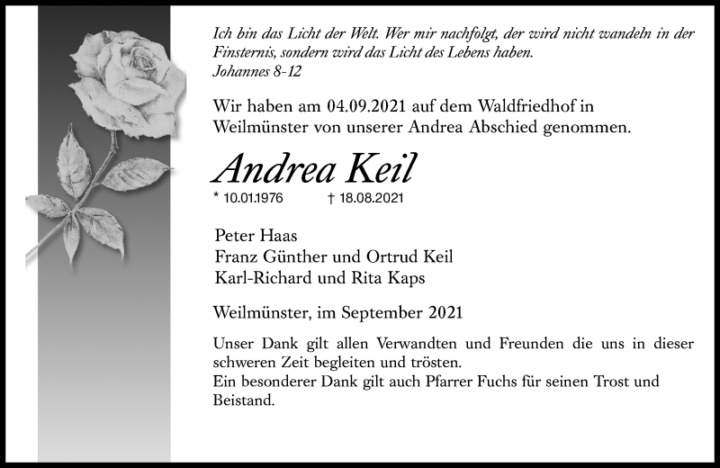  Traueranzeige für Andrea Keil vom 11.09.2021 aus 201 Wetzlarer Neue Zeitung