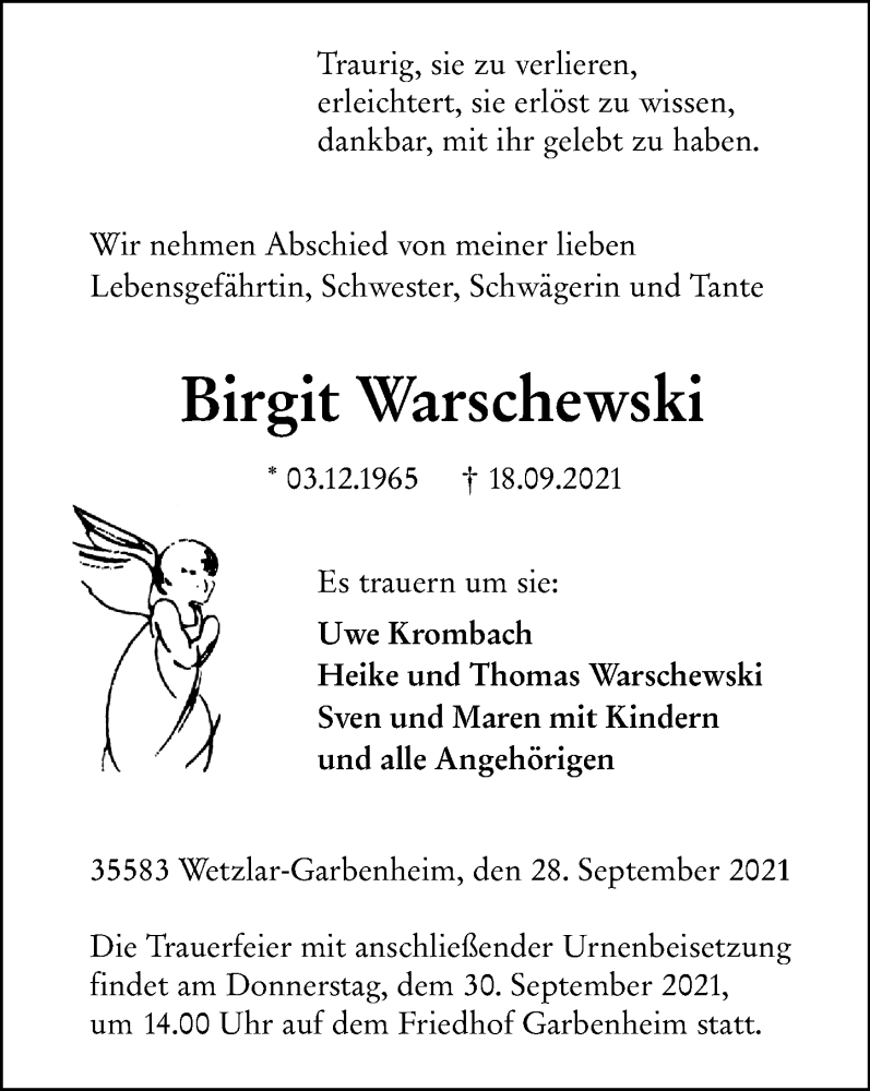  Traueranzeige für Birgit Warschewski vom 28.09.2021 aus 201 Wetzlarer Neue Zeitung