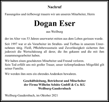 Traueranzeige von Dogan Eser von 206 Weilburger Tageblatt