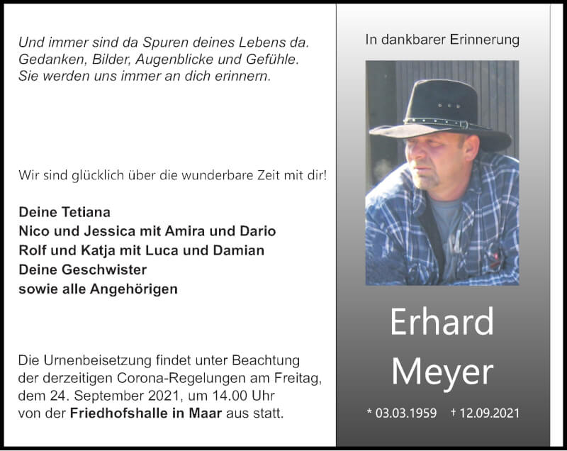  Traueranzeige für Erhard Meyer vom 18.09.2021 aus VRM Trauer