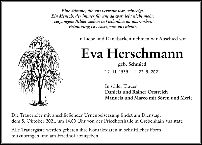  Traueranzeige für Eva Herschmann vom 01.10.2021 aus 562 Lauterbacher Anzeiger