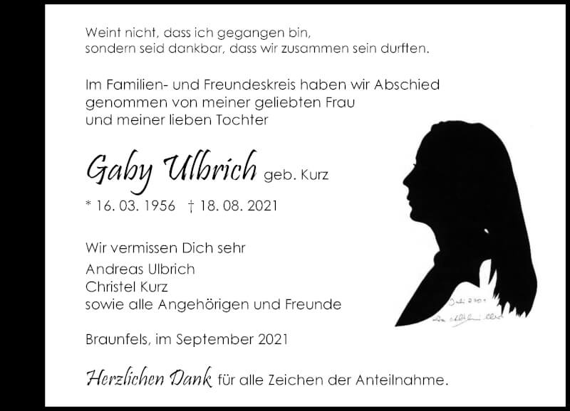  Traueranzeige für Gaby Ulbrich vom 18.09.2021 aus 206 Weilburger Tageblatt