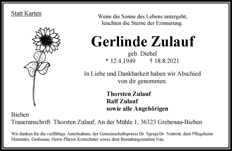  Traueranzeige für Gerlinde Zulauf vom 11.09.2021 aus 563 Oberhessische Zeitung