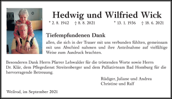 Traueranzeige von Hedwig Wick von 564 Usinger Anzeiger