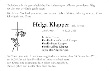 Traueranzeige von Helga Klapper von 206 Weilburger Tageblatt
