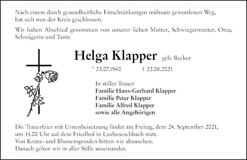  Traueranzeige für Helga Klapper vom 20.09.2021 aus 206 Weilburger Tageblatt