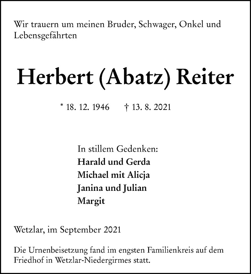  Traueranzeige für Herbert Reiter vom 11.09.2021 aus 201 Wetzlarer Neue Zeitung