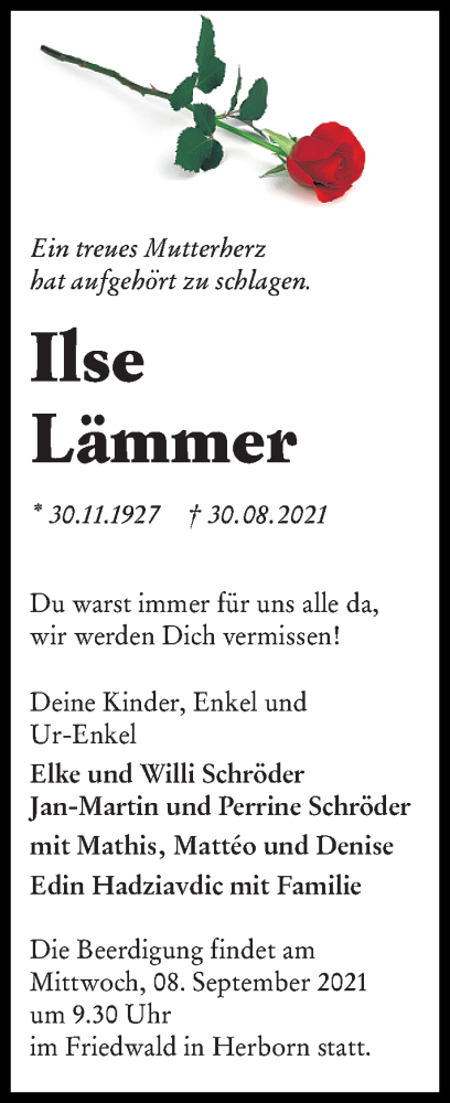  Traueranzeige für Ilse Lämmer vom 04.09.2021 aus 202 Dill Block