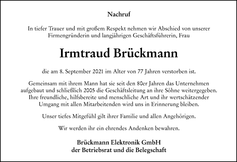  Traueranzeige für Irmtraud Brückmann vom 25.09.2021 aus 201 Wetzlarer Neue Zeitung
